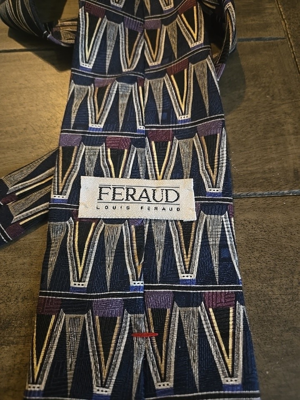 Louis Feraud Navy Silk Tie with Gold & Purple Geometric Motif